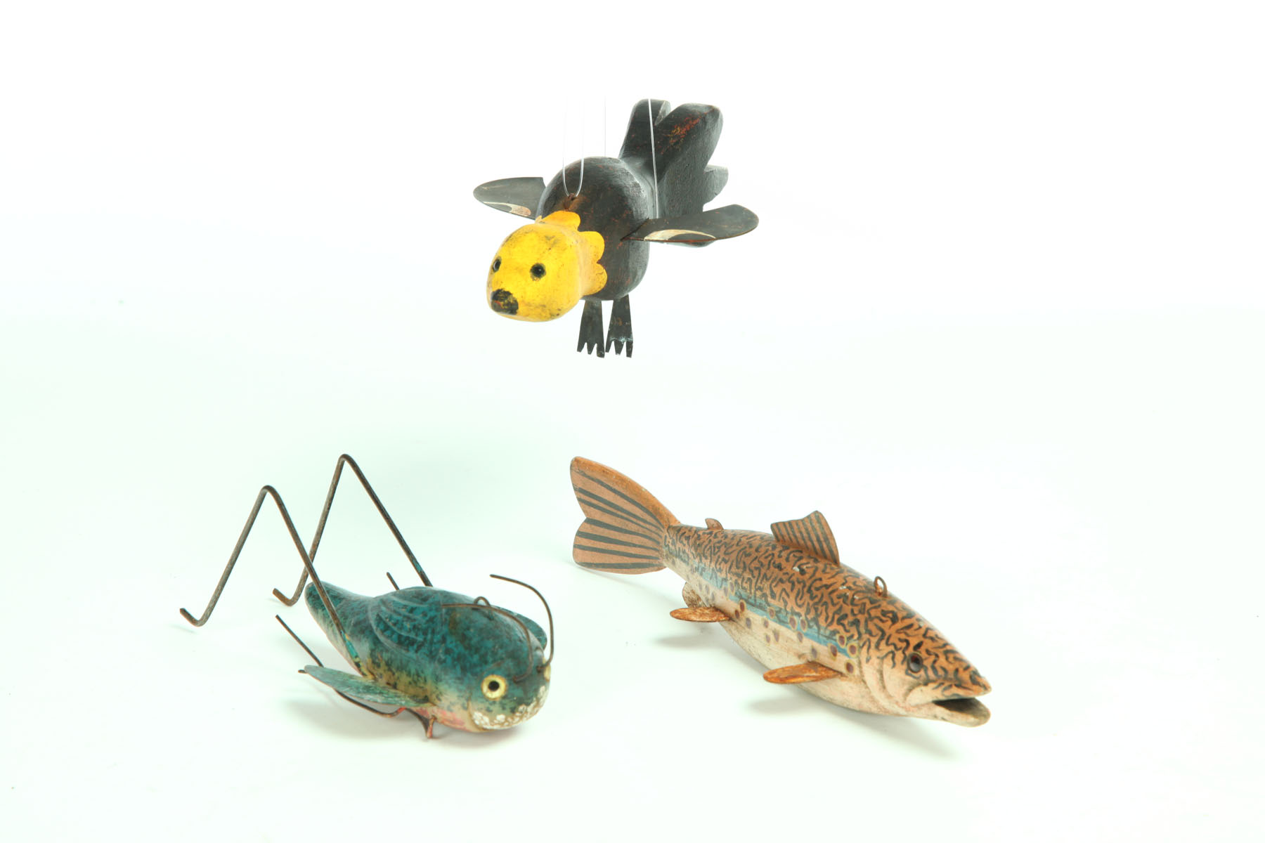 THREE ICE FISHING DECOYS.  American