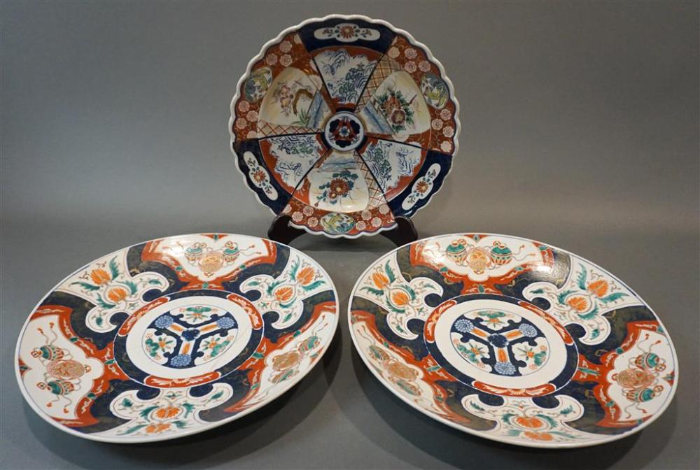 THREE IMARI DECORATED CHARGERS,