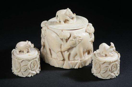 THREE INDIAN IVORY BOXES. Carved