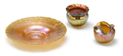Three iridescent Art glass items