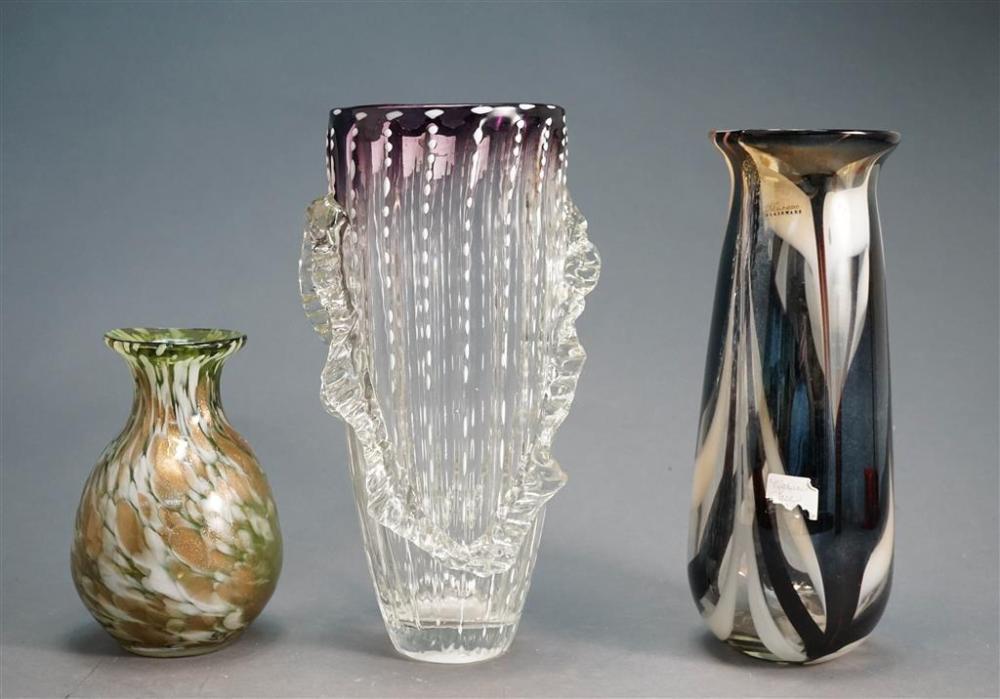 THREE ITALIAN GLASS VASES, H OF