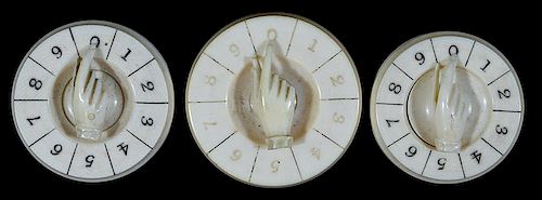 THREE IVORY WHIST MARKERS WITH