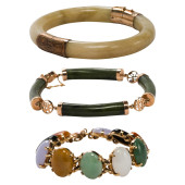 THREE JADE AND 14K GOLD BRACEL