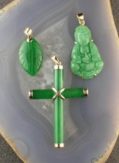THREE JADE AND FOURTEEN KARAT