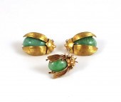 THREE JADE AND YELLOW GOLD ART