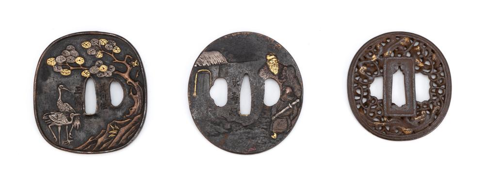 THREE JAPANESE BRONZE SHAKUDO TSUBA