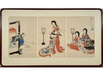 Three Japanese color woodblocks, in