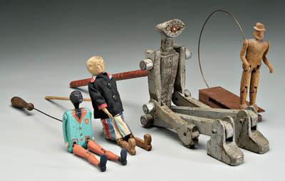 Three jointed wood dancing figures: