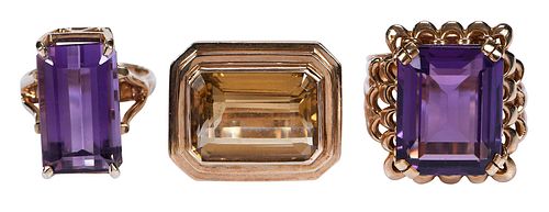 THREE LADIES GOLD GEMSTONE RINGS,