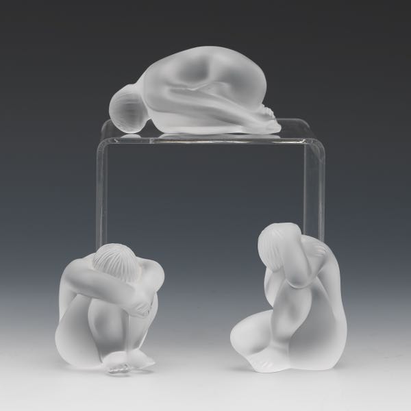 THREE LALIQUE GLASS NUDE FIGURINES