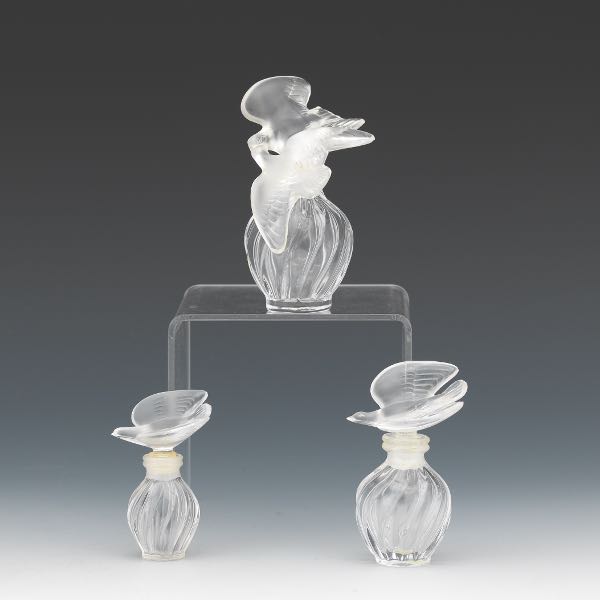 THREE LALIQUE GLASS PERFUME BOTTLES