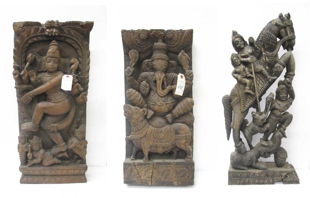 THREE LARGE FIGURAL TEMPLE WOOD