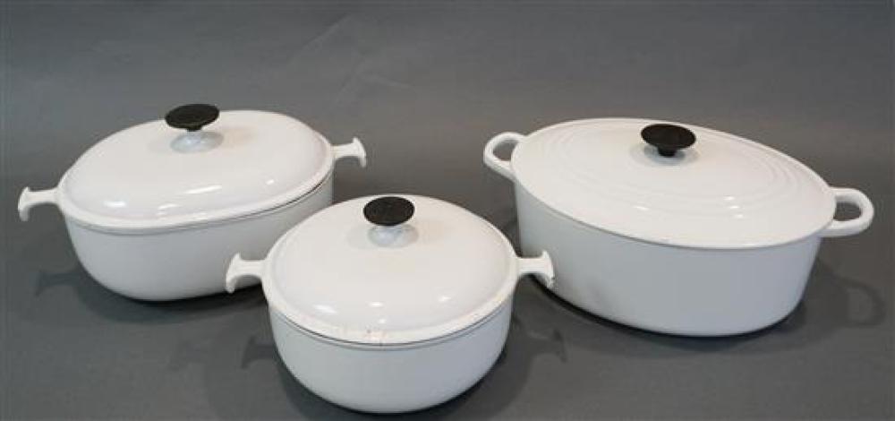THREE LE CREUSET WHITE ENAMEL AND