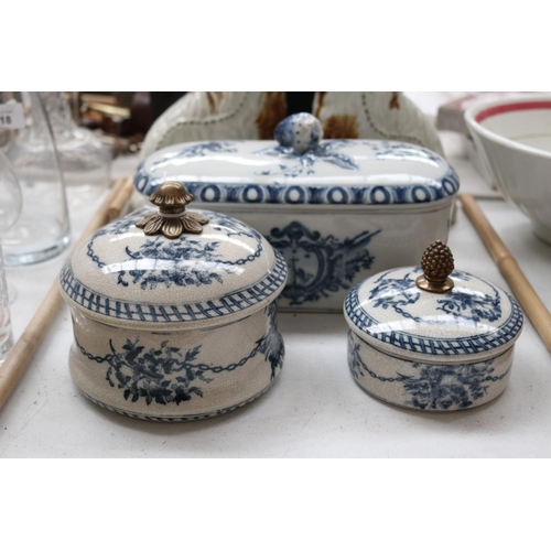Three lidded blue and white