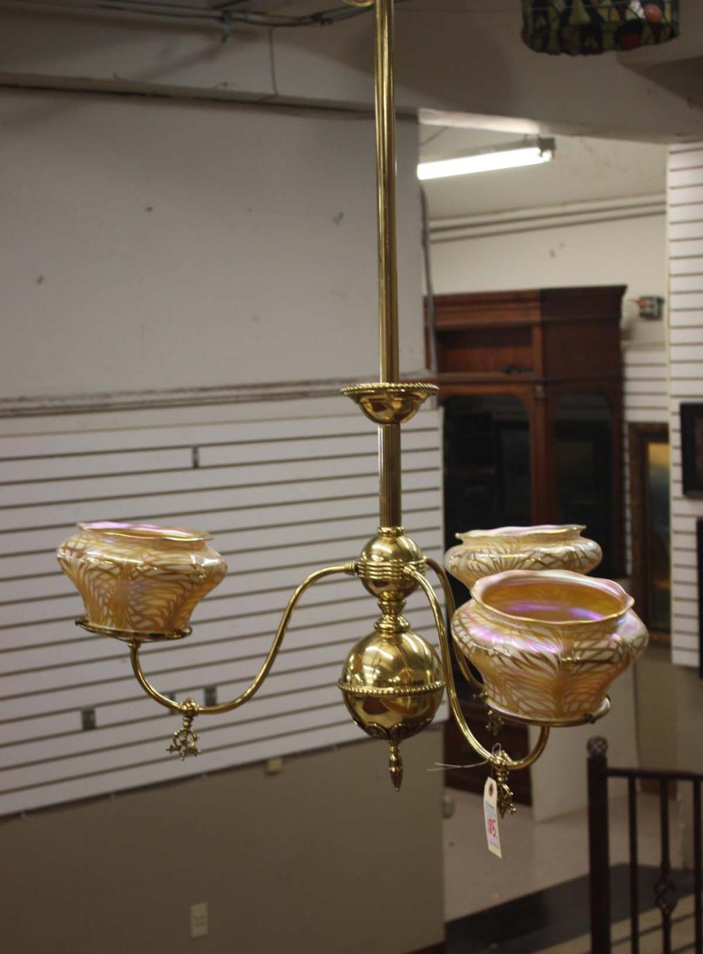 THREE-LIGHT QUEZAL ART GLASS AND