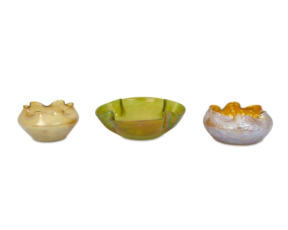 THREE LOETZ-STYLE ART GLASS