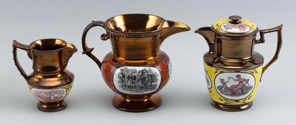 THREE LUSTREWARE PITCHERS 19TH