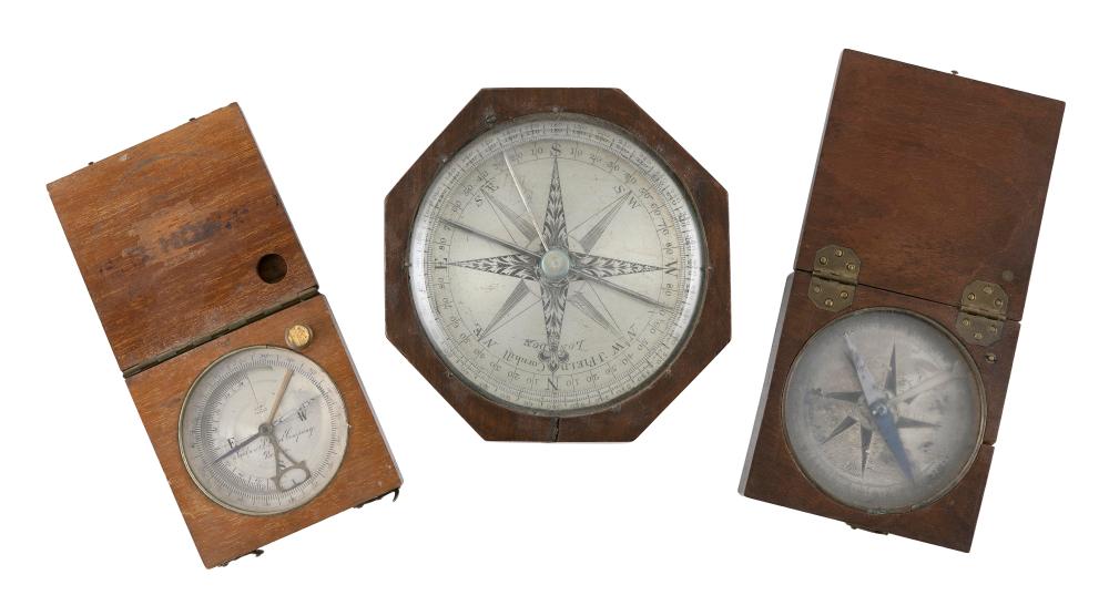 THREE MAHOGANY-CASED COMPASSES 19TH