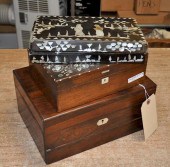 THREE MAHOGANY MOP INLAID BOXE