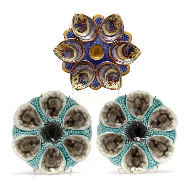 THREE MAJOLICA OYSTER PLATES