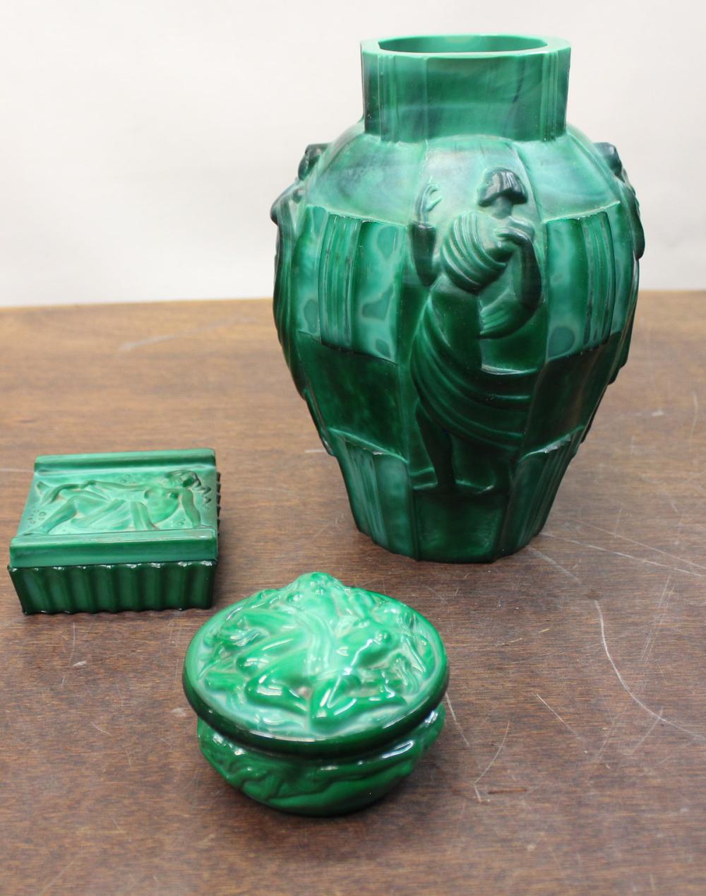 THREE MALACHITE GLASS TABLEWARE