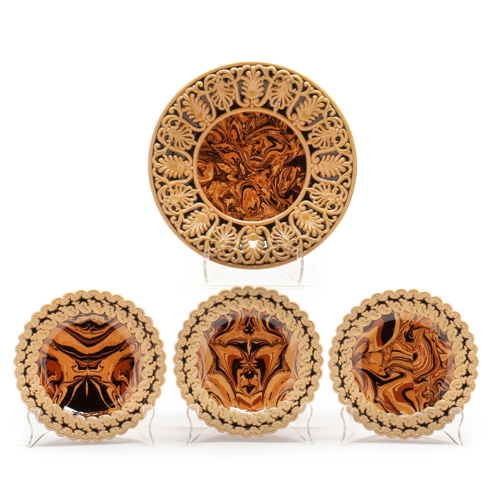 THREE MARBLED MOCHA WARE PLATES AND