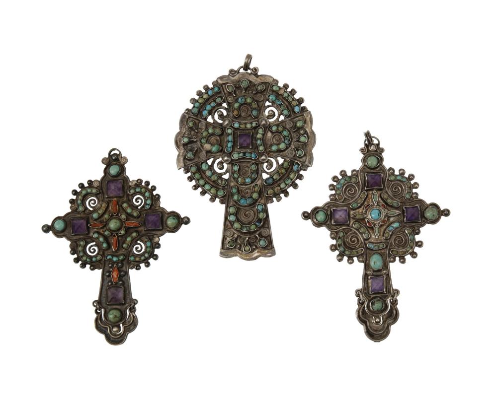 THREE MATL SILVER AND STONE CROSS