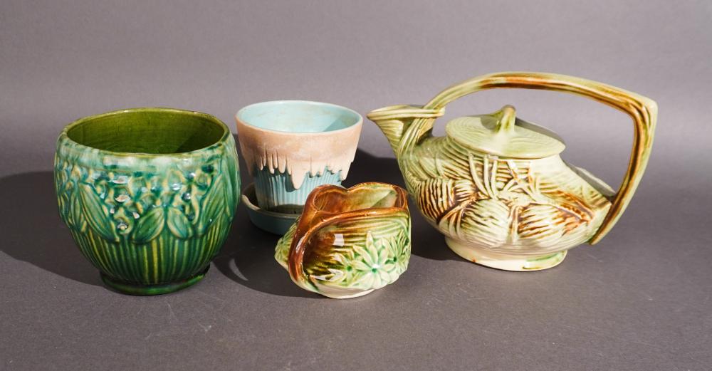 THREE MCCOY POTTERY AND ONE BRUSH