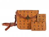 THREE MCM BRAND COGNAC LEATHER