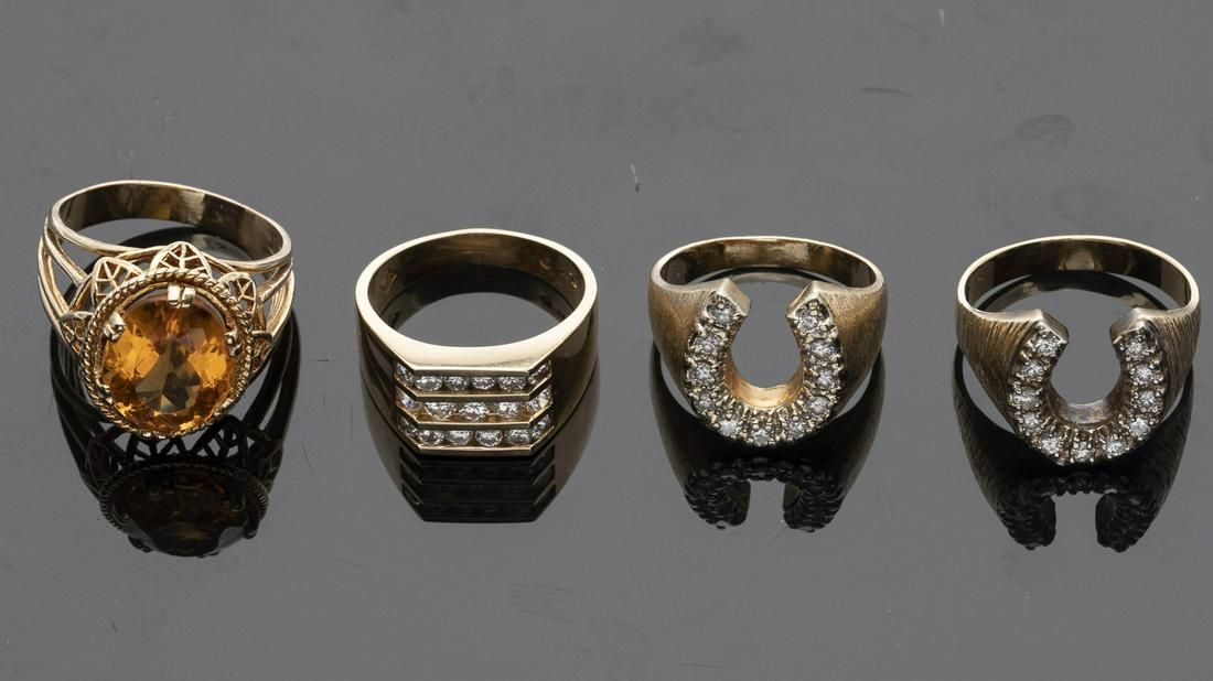 THREE MEN'S 14K GOLD AND STONE