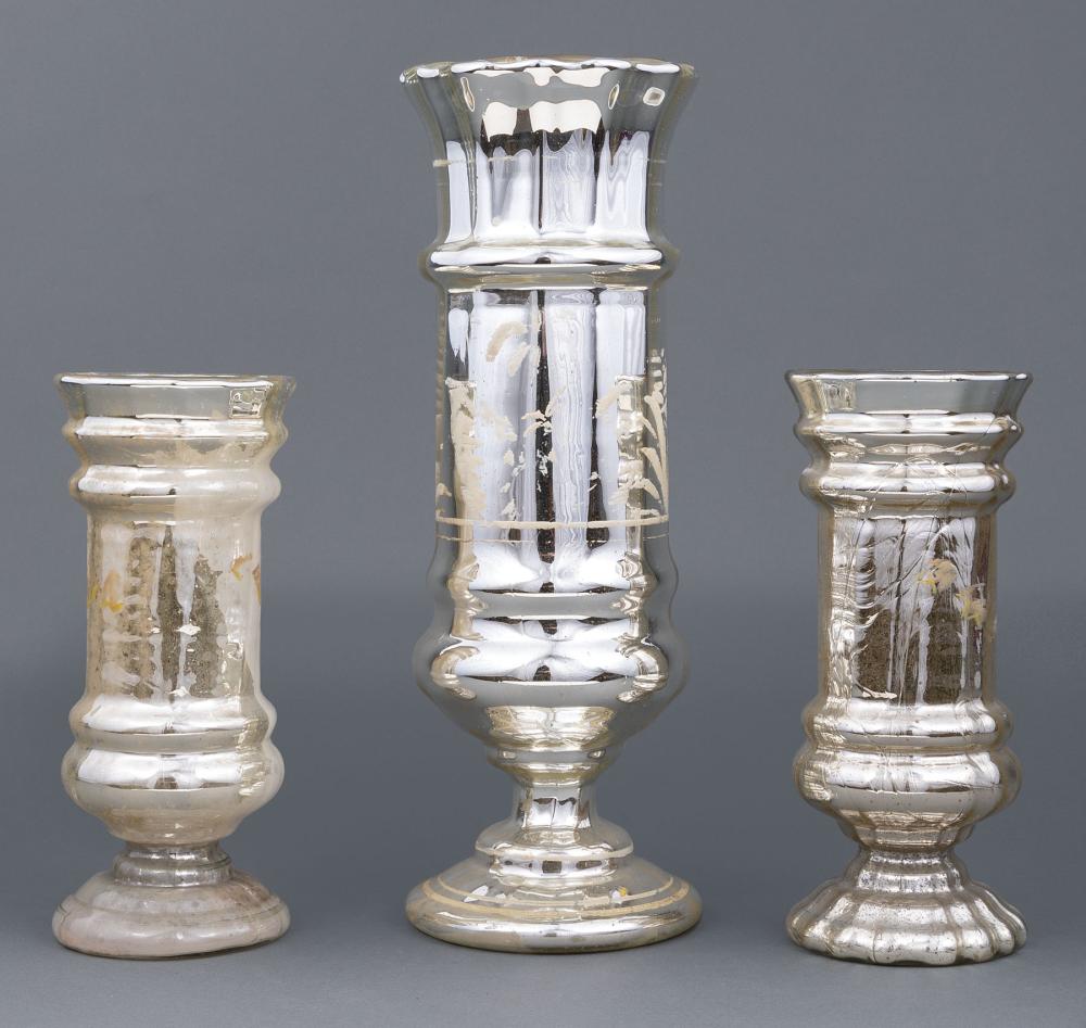 THREE MERCURY GLASS VASESThree