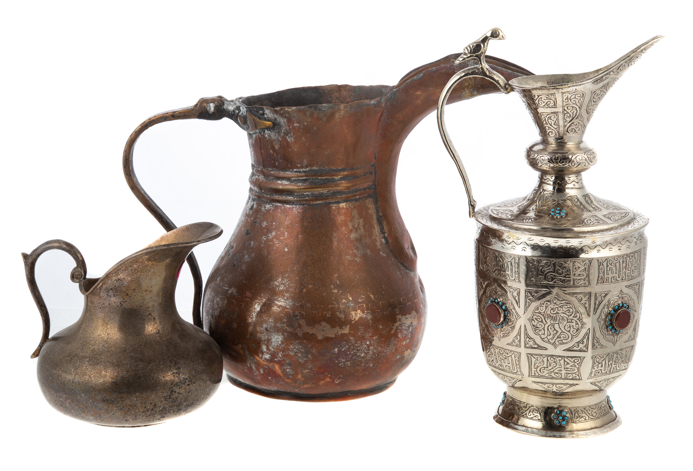 THREE METAL PITCHERS Large copper