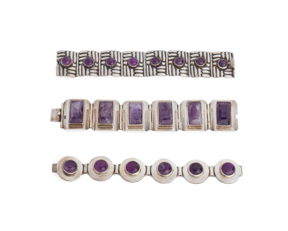 THREE MEXICAN SILVER AND AMETHYST