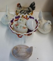 THREE MILK GLASS AND ONE CERAM