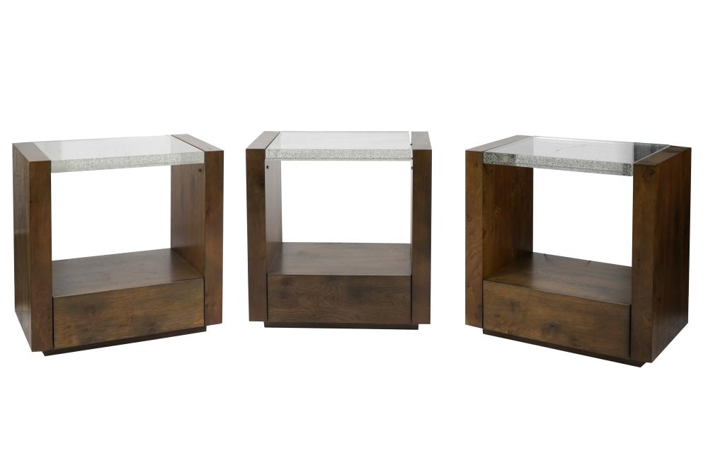 THREE MODERNIST WOOD AND GLASS SIDE