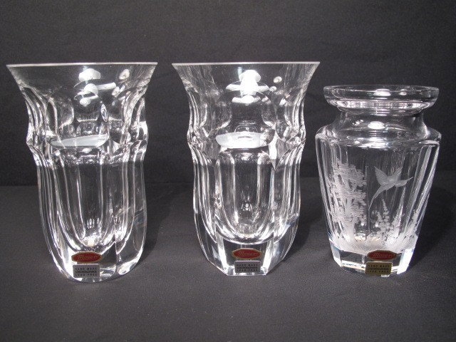 Three Moser art glass beakers.