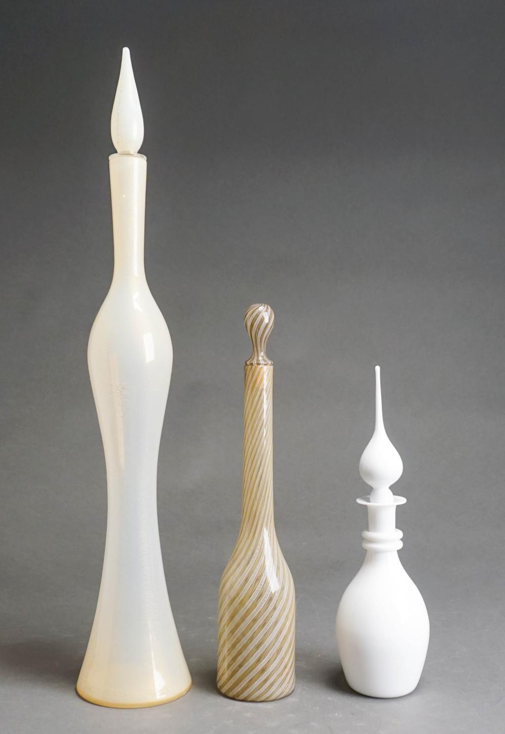 THREE MURANO ART GLASS DECANTERS, H