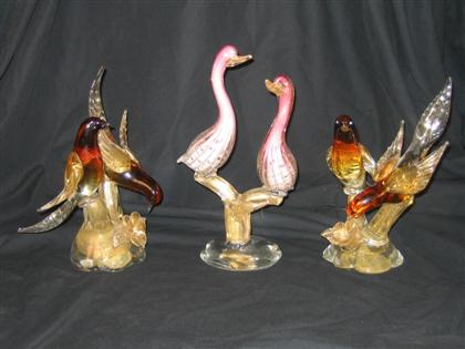 Three Murano glass bird groups   