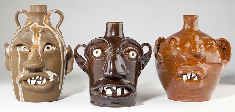 Three NC Pottery Folk Art Face