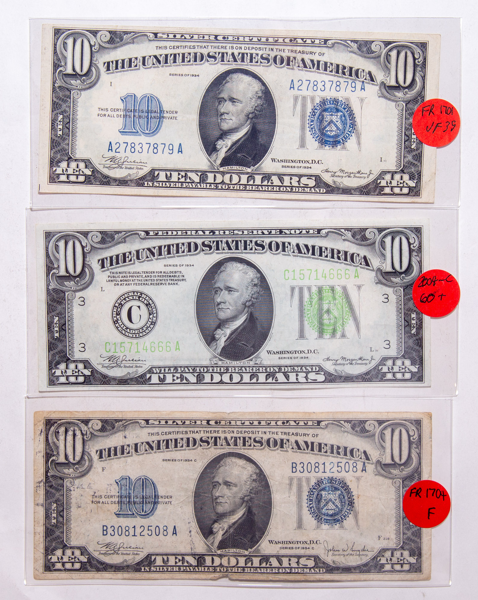 THREE NICE $10 1934 FRN & SILVER