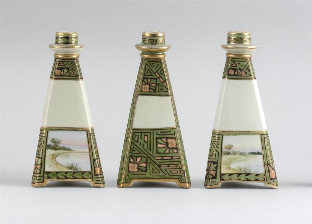 THREE NIPPON PORCELAIN CANDLESTICKS