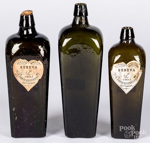 THREE OLIVE GLASS GIN BOTTLES, 19TH