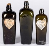 THREE OLIVE GLASS GIN BOTTLES,