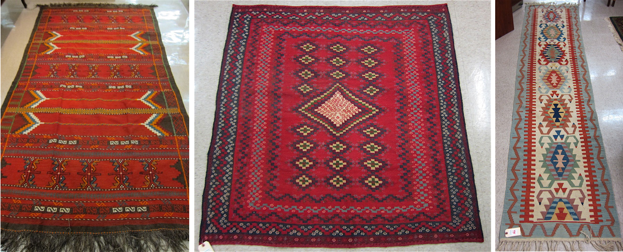 THREE ORIENTAL FLATWEAVE RUGS: 1)