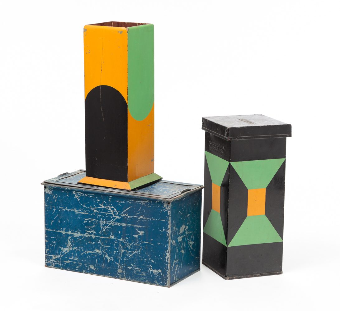 THREE PAINTED BOXES. A tin