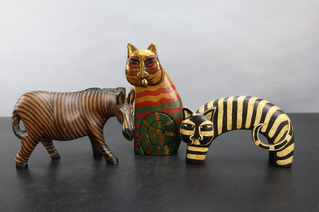 THREE PAINTED CARVED WOOD ANIMAL