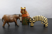THREE PAINTED CARVED WOOD ANIM