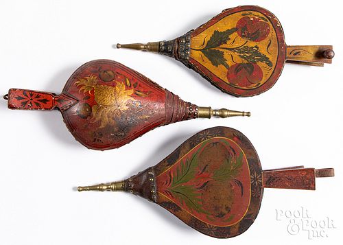 THREE PAINTED FIREPLACE BELLOWS,