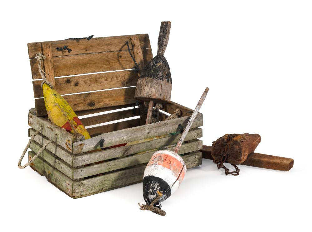 THREE PAINTED LOBSTER BUOYS AND A