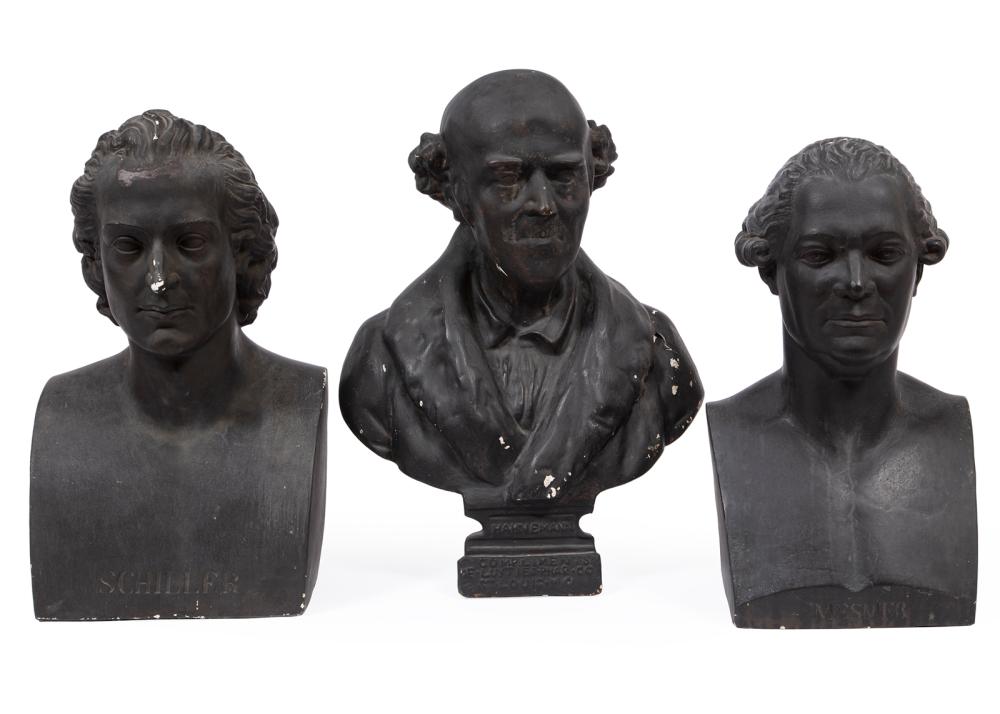 THREE PAINTED PLASTER BUSTS OF